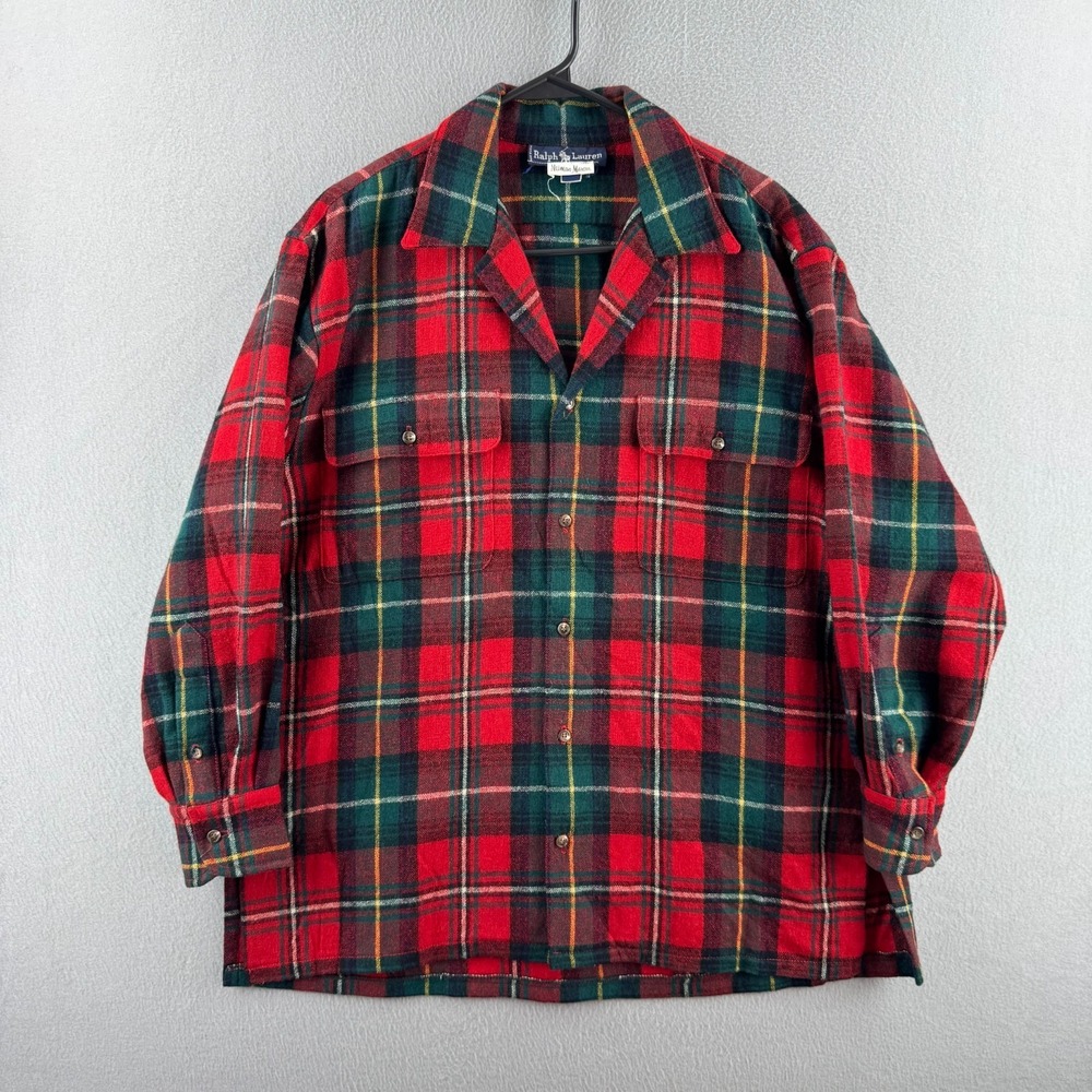 Vintage 80s Polo Ralph Lauren Wool Flannel Shirt Womens 8 Oversized Loop Collar